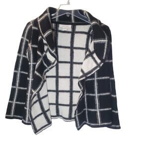 Ellen Tracy Black White Windowpane Check Wool Blend Open Cardigan Sweater Sz XS